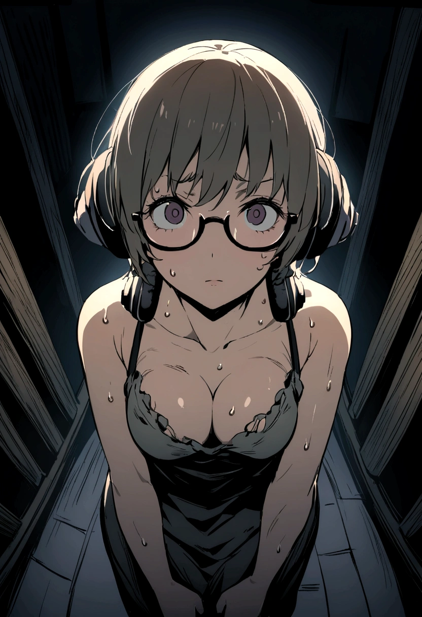 ultra high definition, dark lighting, fisheye shot, horror movie scene, 1girl, solo, short hair, torn clothed, (((under-rimmed glasses:1.3))), (headphones:1.0), medium , clavicle, cleavagarms, The background is a typical Japanese high sclool with horror movie setting, style of Japanese horror films like 'Ju-on', pose : holding guns, dirty skin, sweaty