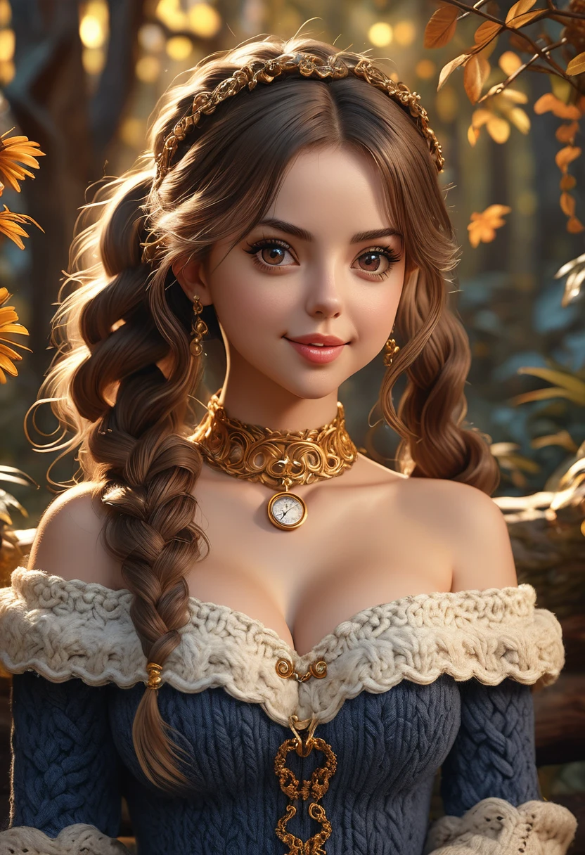 masterpiece, best quality, highly detailed, 1girl, solo, twintails, off-shoulder sweater, choker, large glasses, gold locket, jacket, hairband, looking at viewer, smile, blush, Wide Smile, Eyes Detailed & Wide, sexy Pose. Ultra HD, Rococo-Inspired Fantasy Art With Intricate Details. Cute, Charming Expression, Alluring-Gaze, looking at viewer Beautiful Eyes, An-Ideal-Figure. Large Youthful Well-Shaped-Breasts, Massive-Round-Bosom, Décolletage. slim waist, fit body, full lipsWarm lights , woman in a dreamy forest at night, with fluffy hair, delicate face, realistic, real, slim, large aperture, sexy shots, attractive poses,Stunnin gly beautiful merge of Scarlett Johanson. Alison Brie, Selena Gomez. symmetrical face, photorealistic, photography, path tracing, specular lighting, volumetric face light, path traced hairmaximum quality{(masutepiece) (8K High Resolution) (top-quality) In the style of breath of the wild.
