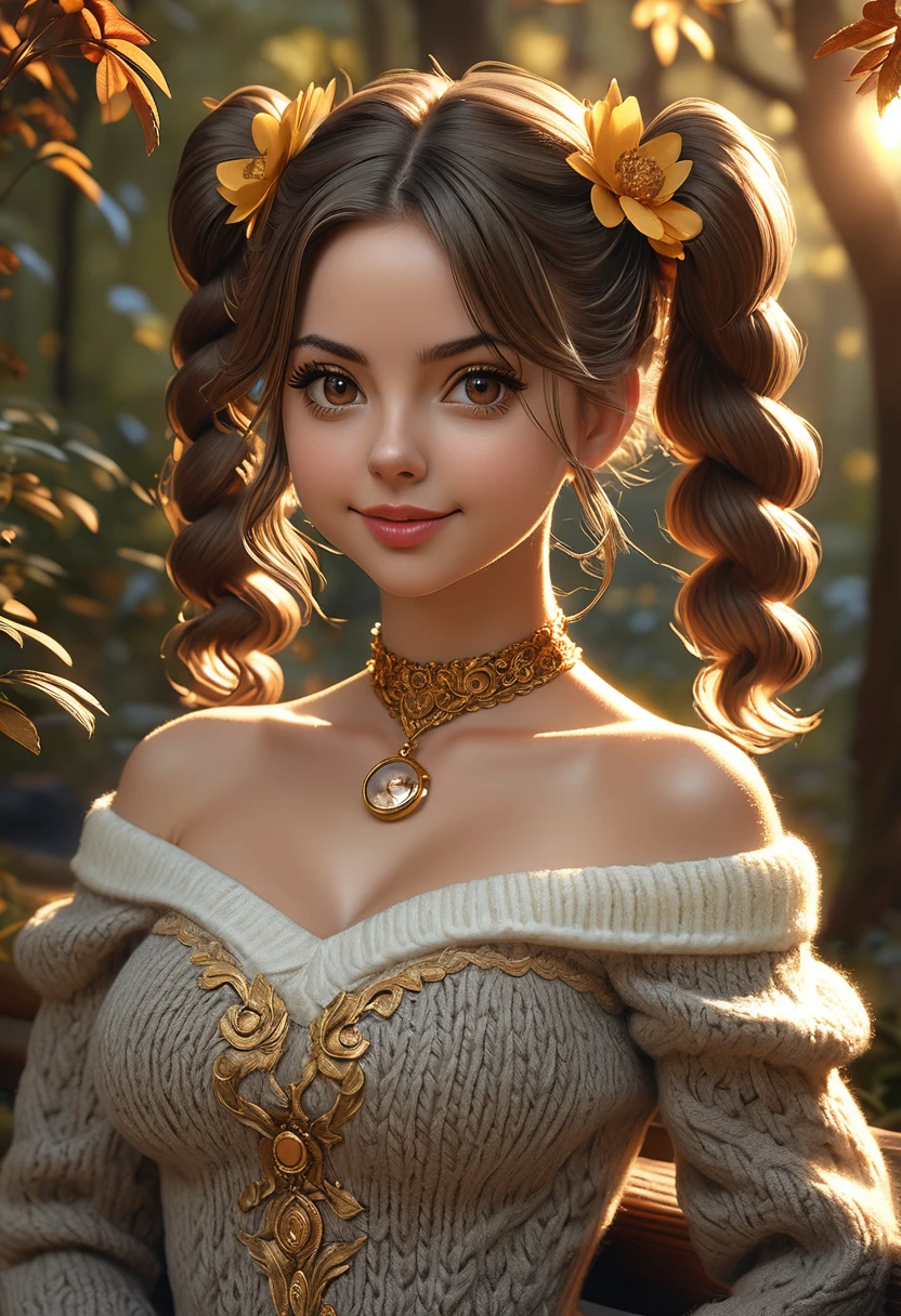 masterpiece, best quality, highly detailed, 1girl, solo, twintails, off-shoulder sweater, choker, large glasses, gold locket, jacket, hairband, looking at viewer, smile, blush, Wide Smile, Eyes Detailed & Wide, sexy Pose. Ultra HD, Rococo-Inspired Fantasy Art With Intricate Details. Cute, Charming Expression, Alluring-Gaze, looking at viewer Beautiful Eyes, An-Ideal-Figure. Large Youthful Well-Shaped-Breasts, Massive-Round-Bosom, Décolletage. slim waist, fit body, full lipsWarm lights , woman in a dreamy forest at night, with fluffy hair, delicate face, realistic, real, slim, large aperture, sexy shots, attractive poses,Stunnin gly beautiful merge of Scarlett Johanson. Alison Brie, Selena Gomez. symmetrical face, photorealistic, photography, path tracing, specular lighting, volumetric face light, path traced hairmaximum quality{(masutepiece) (8K High Resolution) (top-quality) In the style of breath of the wild.