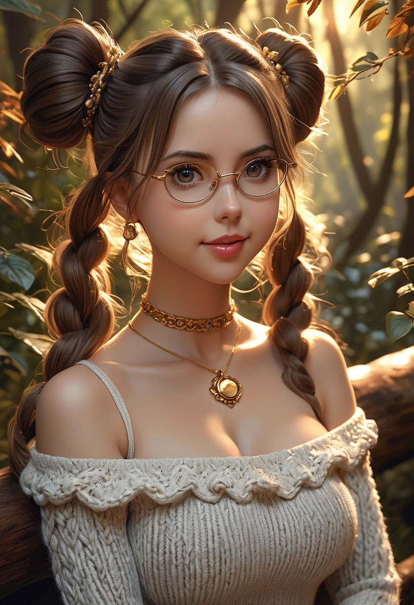 masterpiece, best quality, highly detailed, 1girl, solo, twintails, off-shoulder sweater, choker, large glasses, gold locket, jacket, hairband, looking at viewer, smile, blush, Wide Smile, Eyes Detailed & Wide, sexy Pose. Ultra HD, Rococo-Inspired Fantasy Art With Intricate Details. Cute, Charming Expression, Alluring-Gaze, looking at viewer Beautiful Eyes, An-Ideal-Figure. Large Youthful Well-Shaped-Breasts, Massive-Round-Bosom, Décolletage. slim waist, fit body, full lipsWarm lights , woman in a dreamy forest at night, with fluffy hair, delicate face, realistic, real, slim, large aperture, sexy shots, attractive poses,Stunnin gly beautiful merge of Scarlett Johanson. Alison Brie, Selena Gomez. symmetrical face, photorealistic, photography, path tracing, specular lighting, volumetric face light, path traced hairmaximum quality{(masutepiece) (8K High Resolution) (top-quality) In the style of breath of the wild.
