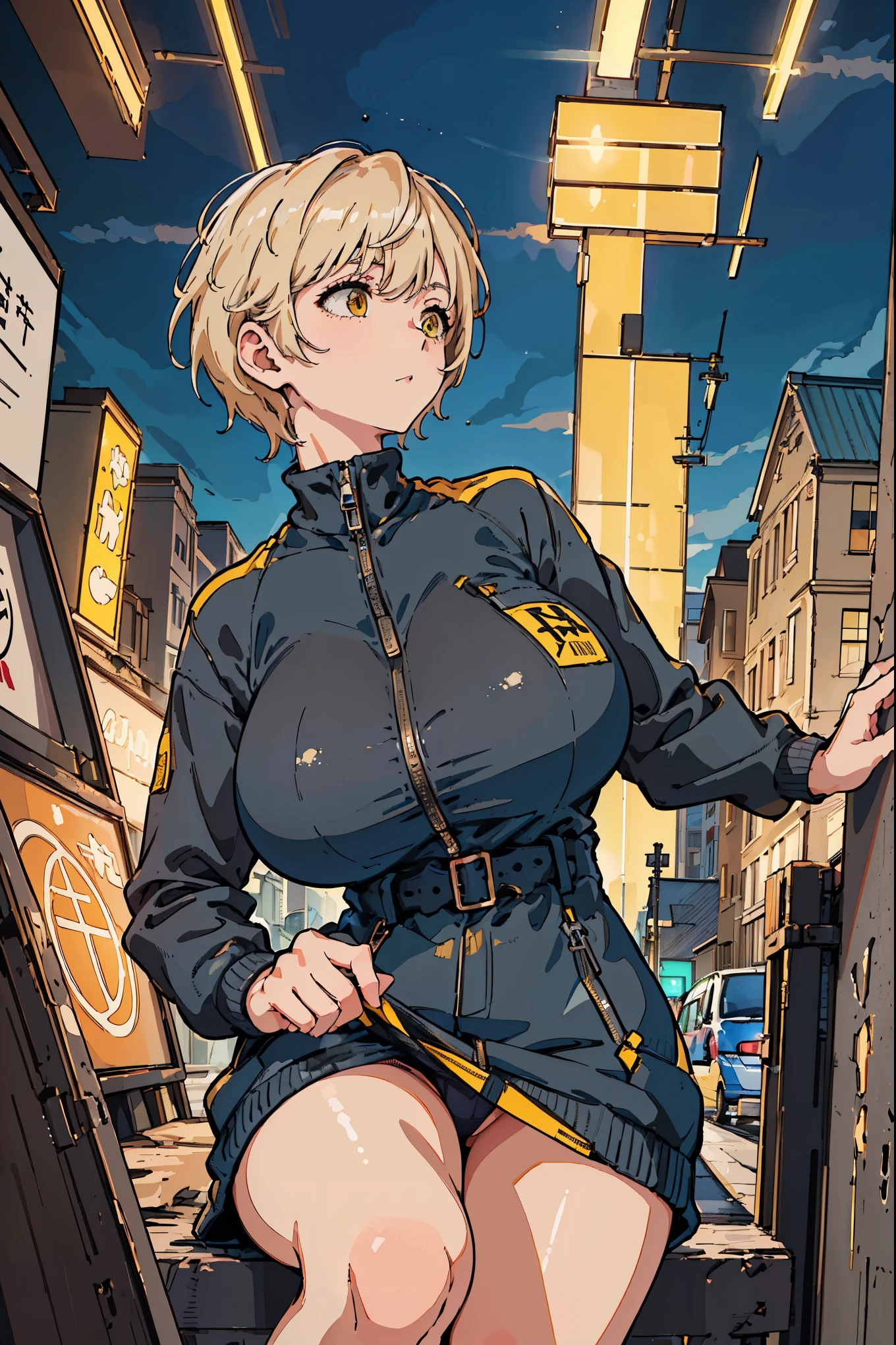 "(best quality, masterpiece:1.2) | detailed eyes:1.2 1 Female (Dynamic Angle, point of view, short hair) Yellow hair, shirt, open sweatshirt, Knee socks, 14 years, very cute, detailed, masterpiece."Naked trench coat (Huge breasts:1.2),Moist skin（（rogue））cool atmosphere，Glowing skin，Large Breasts, Large Breasts, M cup