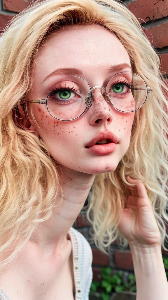 dynamic close-up of the upper part of 1 Russian woman, legitimate albino, extremely slim and beautiful, perfect body, (well-shaped and delicate face with (freckles)), skin with highly detailed depth, she is leaning against a brick wall, (hair over the eyes, long, slightly messy and shiny, wavy blonde hair), (detailed, large and bright eyes, light green eyes, curved eyelashes, large glasses), (sensual pout with mouth), wearing a short sweater showing the shoulders , (she is sweaty (shining with sweat)), ultra realistic image, perfect symmetry, vibrant and sharp, dynamic vision, high quality, hyper-realistic and cinematic 64k.