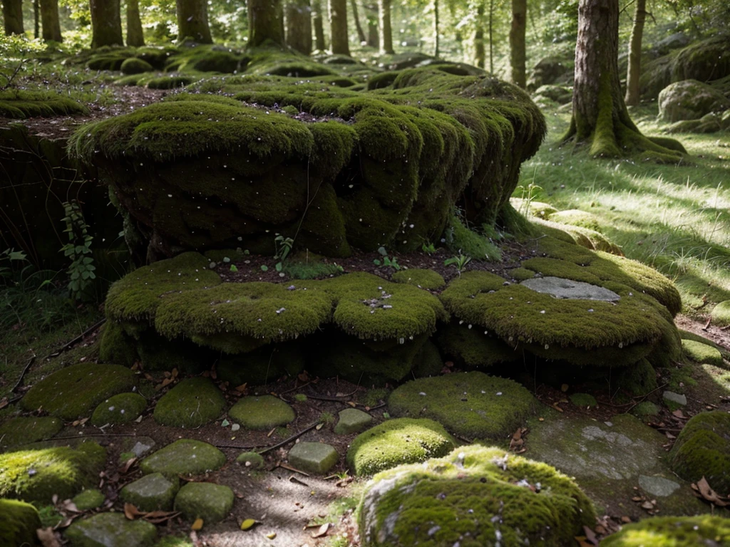 a lush green moss-covered stone, detailed texture of moss, mossy rocks, ancient weathered stone, beautiful natural scenery, overgrown with moss, serene forest landscape, soft natural lighting, vibrant green moss, detailed moss patterns, (best quality,4k,8k,highres,masterpiece:1.2),ultra-detailed,(realistic,photorealistic,photo-realistic:1.37),landscape,nature,green,moss,stone,forest,detailed,natural