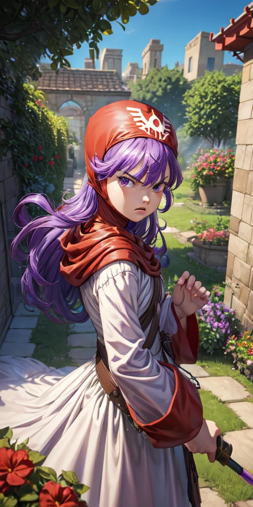 masterpiece, best quality, dqPom, red hood, purple hair, robe, cowboy shot, standing, holding staff, sky, garden, looking at viewer, from below, angry 