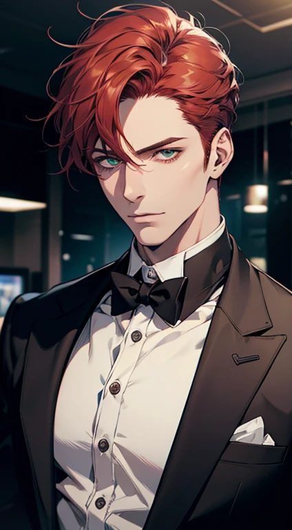 a mature man, 34 years old, handsome, cold expression, short red hair, green eyes, perfect face, buttoning his jacket, CEO, ultra detailed, hyperrealistic, studio lighting, cinematic lighting, 1:4 hdr, photorealistic, masterpiece, beautiful, sharp focus, ultra-fine details, vivid colors, professional