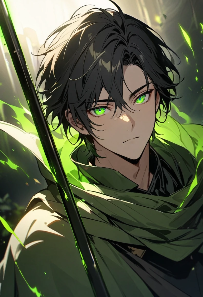 Man, short hair, black hair, green eyes, glowings eyes, green aura, brown aura, handsome, high quality, black stick, green cloak 