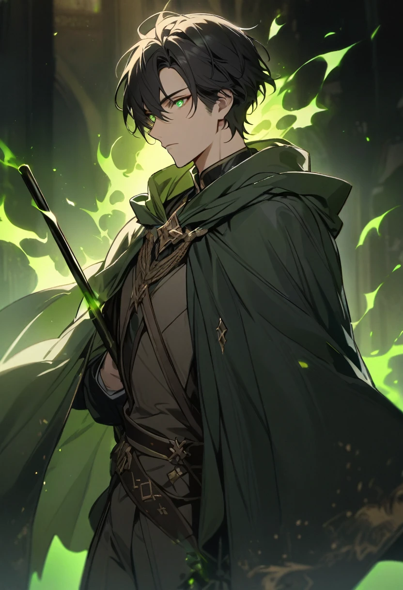 Man, short hair, black hair, green eyes, glowings eyes, green aura, brown aura, handsome, high quality, black stick, green cloak