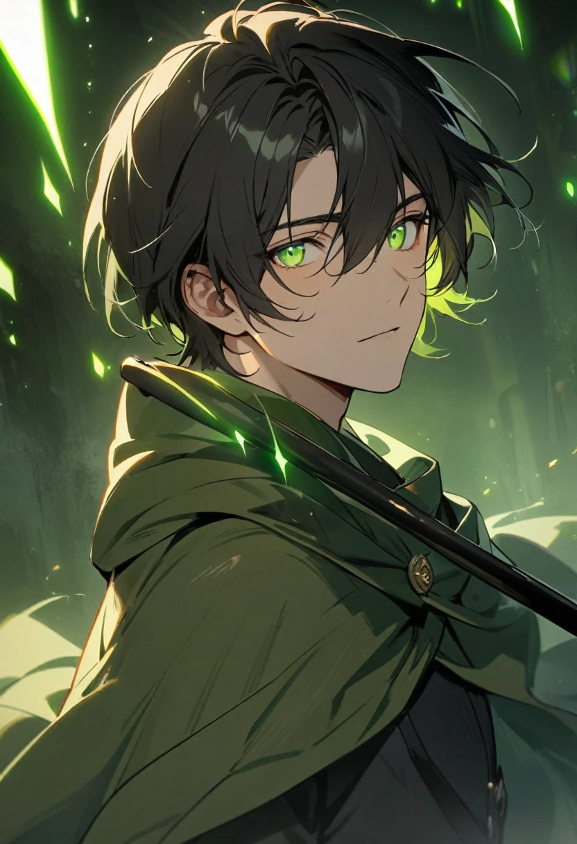 Man, short hair, black hair, green eyes, glowings eyes, green aura, brown aura, handsome, high quality, black stick, green cloak
