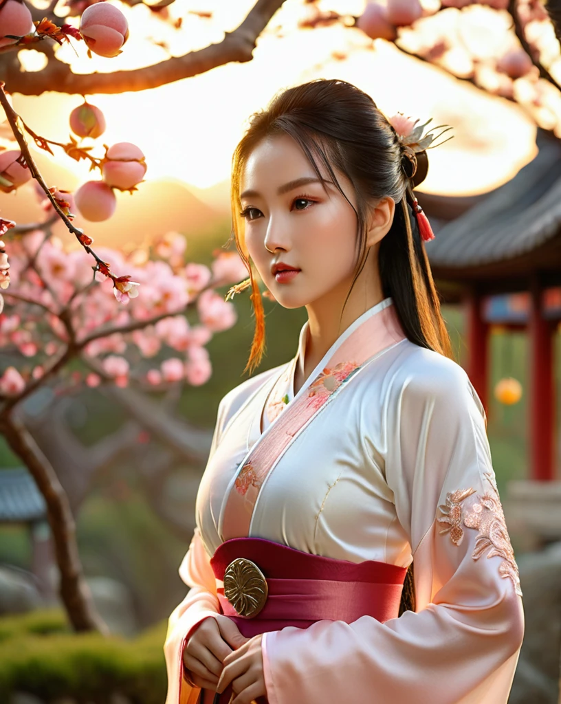 beautiful korean female, 31 inch breasts size, wearing luxury white fantasy traditional chinese dress , In the ancient peach garden, sunset light,bokeh background, UHD, Inspired by Xiaolongnü in the movie The Return of the Condor Heroes2,video game style, mortal kombat style