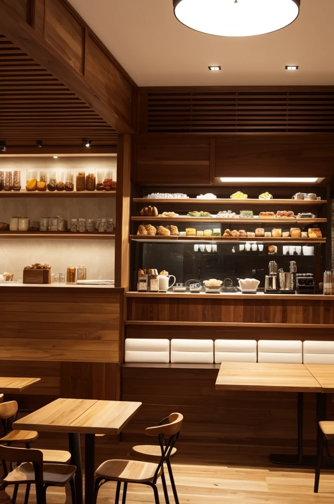 a coffee shop might have elegant wooden tables and a buffet area with healthy and varied options.
Wide sight