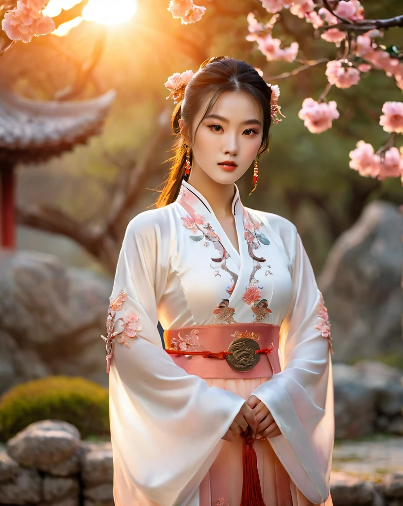 beautiful korean female, 31 inch breasts size, wearing luxury white fantasy traditional chinese dress ,   In the ancient peach garden, sunset light,bokeh  background, UHD, Inspired by Xiaolongnü in the movie The Return of the Condor Heroes2,video game style, mortal kombat style