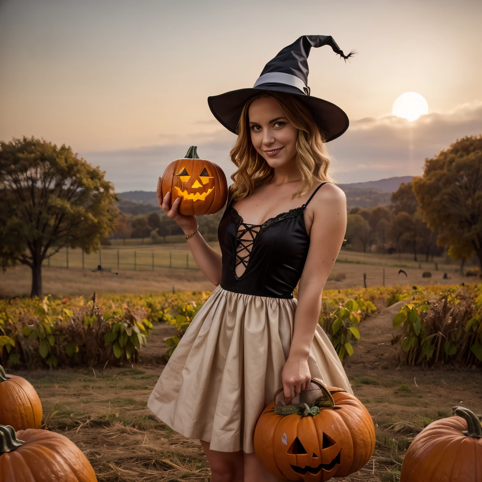 October - Harvest and Halloween
In the October calendar scene, LaGermania poses amidst a pumpkin patch in Sleepy Hollow, New York. She wears a vintage-inspired dress in shades of pumpkin orange and midnight black, its embroidered jack-o'-lantern motifs and lace accents embodying the whimsical charm of Halloween craftsmanship. LaGermania's blonde hair is styled in loose curls, adorned with a witch's hat that adds a playful touch to her ensemble. Her expression is happy and curious, with a mischievous smile that mirrors the spirit of harvest and Halloween festivities. The background features rows of plump pumpkins and rustic scarecrows, with autumn leaves crunching underfoot. The dress's textured cotton and velvet fabrics evoke the cozy warmth of autumn against the backdrop of rolling hills and a setting sun. LaGermania's posture is playful yet enchanting, one hand lightly holding a carved pumpkin while the other offers a basket of candy corn, their vibrant colors and sweet aroma adding to the festive atmosphere. The scene captures the magical allure of autumn harvest and Halloween traditions in the heart of Sleepy Hollow.