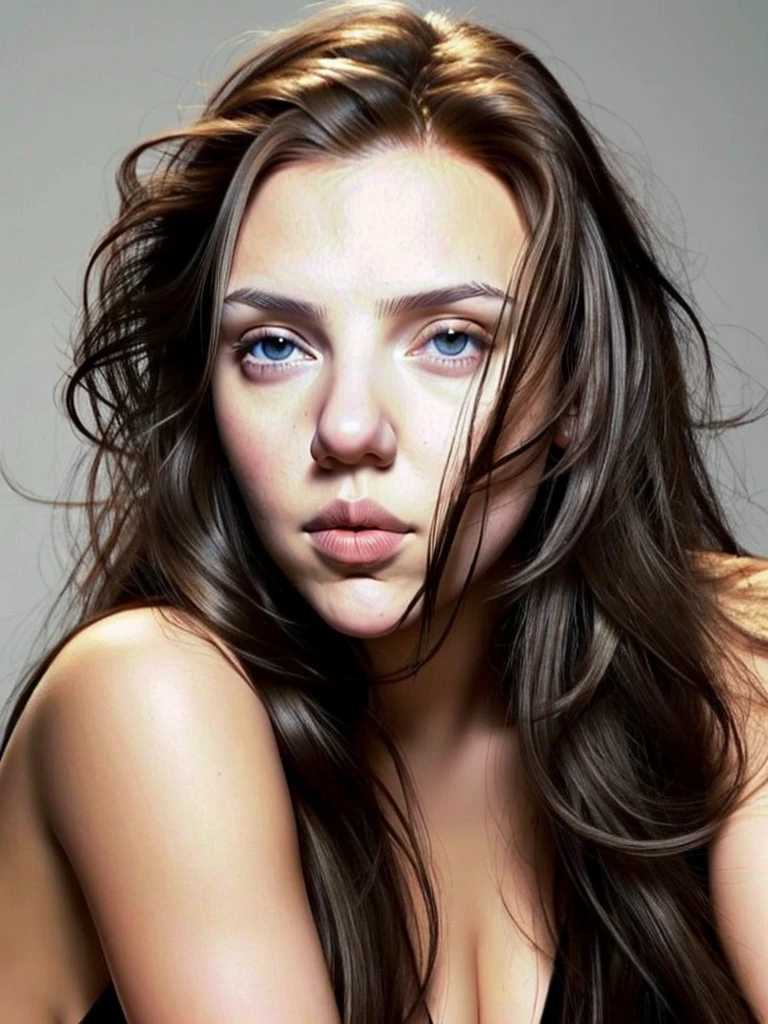a beautiful woman with long, flowing black hair, deep brown eyes, slim body, Scarlett Johansson