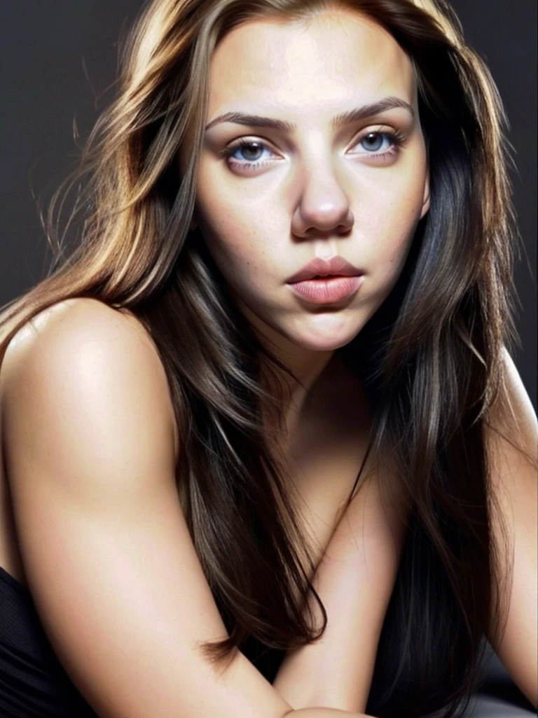 a beautiful woman with long, flowing black hair, deep brown eyes, slim body, Scarlett Johansson