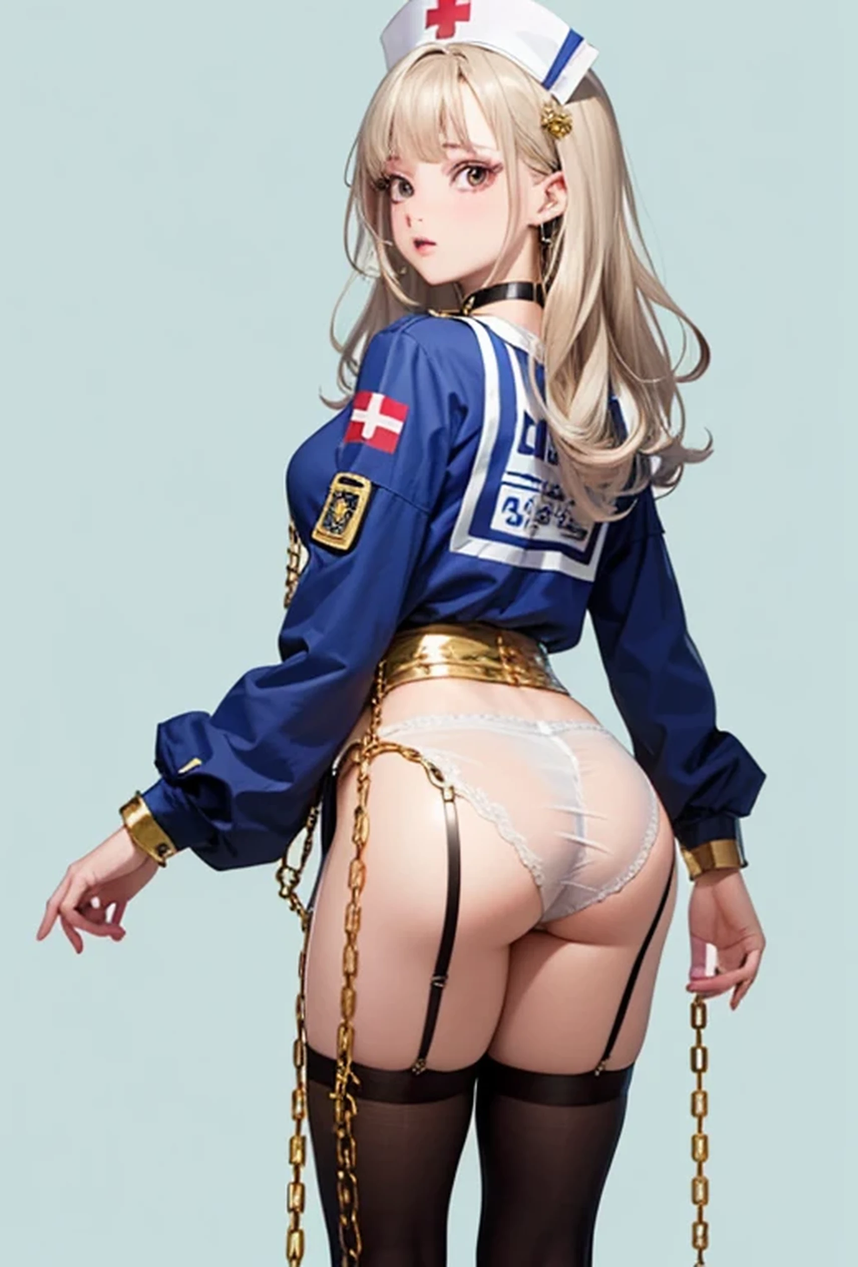 (Photorealistic:1.8, Highest quality:1.8,8K masterpiece:1.8、Super detailed、Ultra-high resolution、Detailed Background)、((Flat Color))、((colorful))、Multicolored lighting、((浮かぶcolorfulな水))、Blue background、
Nurse uniformを着て縛られた女、Random Pause、(Golden chains on body、Golden chain collar、handcuffs)、Random Sexy Poses、Turn around、Angle from behind、
(Long Hair、Vermilion, silver and gold hair、hair ornaments、Brown Skin)、(Nurse uniform、choker、Skirt with slits、Knee-high stockings、garter belt、Wedgie Panties)、Beautiful hip line、TWICE's Tzuyu' on pause、Beautiful blue eyes、(A rich expression、smile)