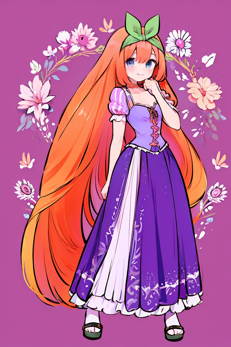 Fusion between Rapunzel from disney and Yotsuba Nakano, good fusion, excellent character design, masterpiece, 4k, perfect anatomy, perfect face, perfect eyes, 1girl, solo, full body, yotsuba nakano wearing rapunzel's dress, long long orange hair, red hair, pink hair, orange hair, extremely long hair, bangs, hair between eyes, green ribbon on hair, hair ribbon, blue eyes, athletic, muscular, purple rapunzel dress, long dress, long purple dress, smiling, cute, lovely, lovely expression, simply nature magical background, full body, standing up