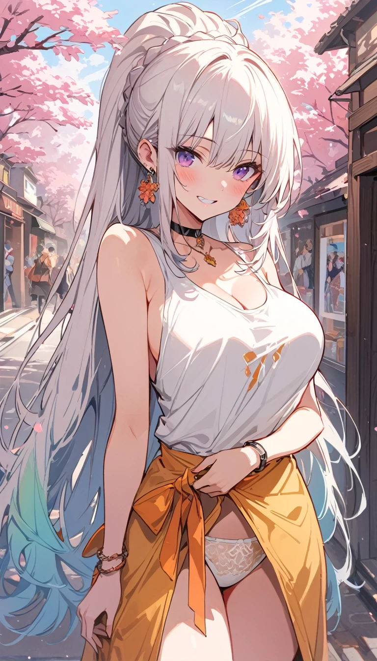 masterpiece, Highest quality, whole body, One girl, bangs, black choker, blush, bracelet, chest, choker, clothes The surrounding area waist, clavicle, Cowboy Shot, ear Earrings, Eyebrows visible through hair, Gradient Hair, Grin, fix, jewelry, Kogal, Long Hair, View Viewer, Earrings, Red eyes, ring, , smile, alone, street, null, cherry blossoms, petal,figure, (magazine:1.3), (cover-style:1.3), fashionable, woman, Vibrant, Pause, front, colorful, dynamic, background, element, have confidence, Performance, Holding, statement, accessories, Majestic, Coiled, The surrounding area, touch, scene, article, cover, bold, to attract attention, title, stylish, font, Catchy, Heading, big, impressive, Modern, trend, concentrated, fashion,((masterpiece)), Highest quality, Absurd, Super detailed, Holographic, Cowboy Shot, ダイナミックなPause, Golden Ratio, Very cute girl, Mature Girls, Very beautiful, Super beautiful asian girl with super beautiful purple eyes, Very beautiful white hair, Shiny skin, High Ponytail, nice and sexy body, Slim and delicate body, Perfect body, Cute Panties, Fox Headset, Get your picture taken in a cute alien spaceship,naked,Big Breasts,Sexy