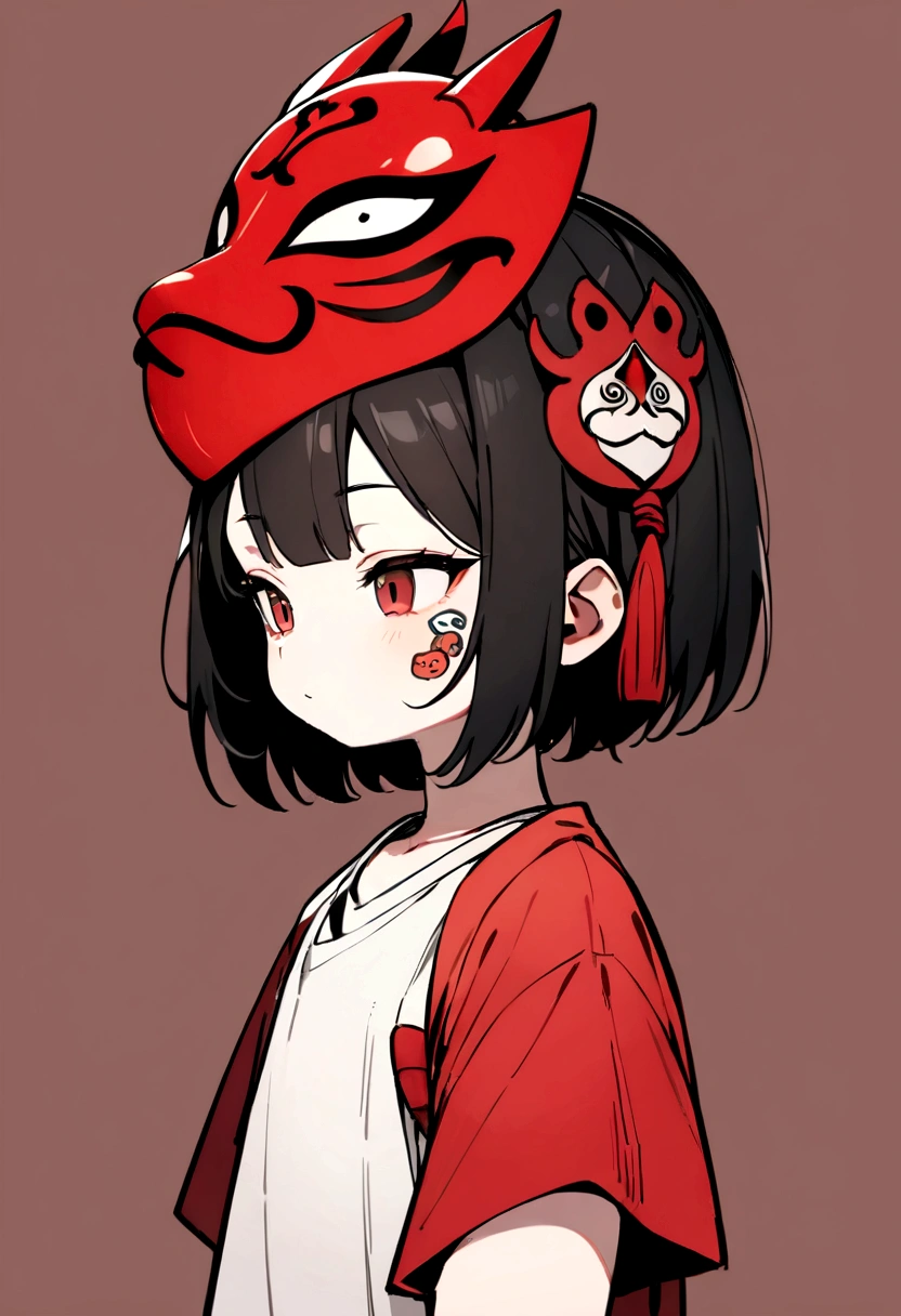 masterpiece, Highest quality, Very detailed, alone, Brush Sticker, (Little:1.4), Simple Background, whole body,Black Hair,semi-long、boyish、Adult women、White T-shirt、Neutral facial features、He is wearing a red Tengu mask on his head.