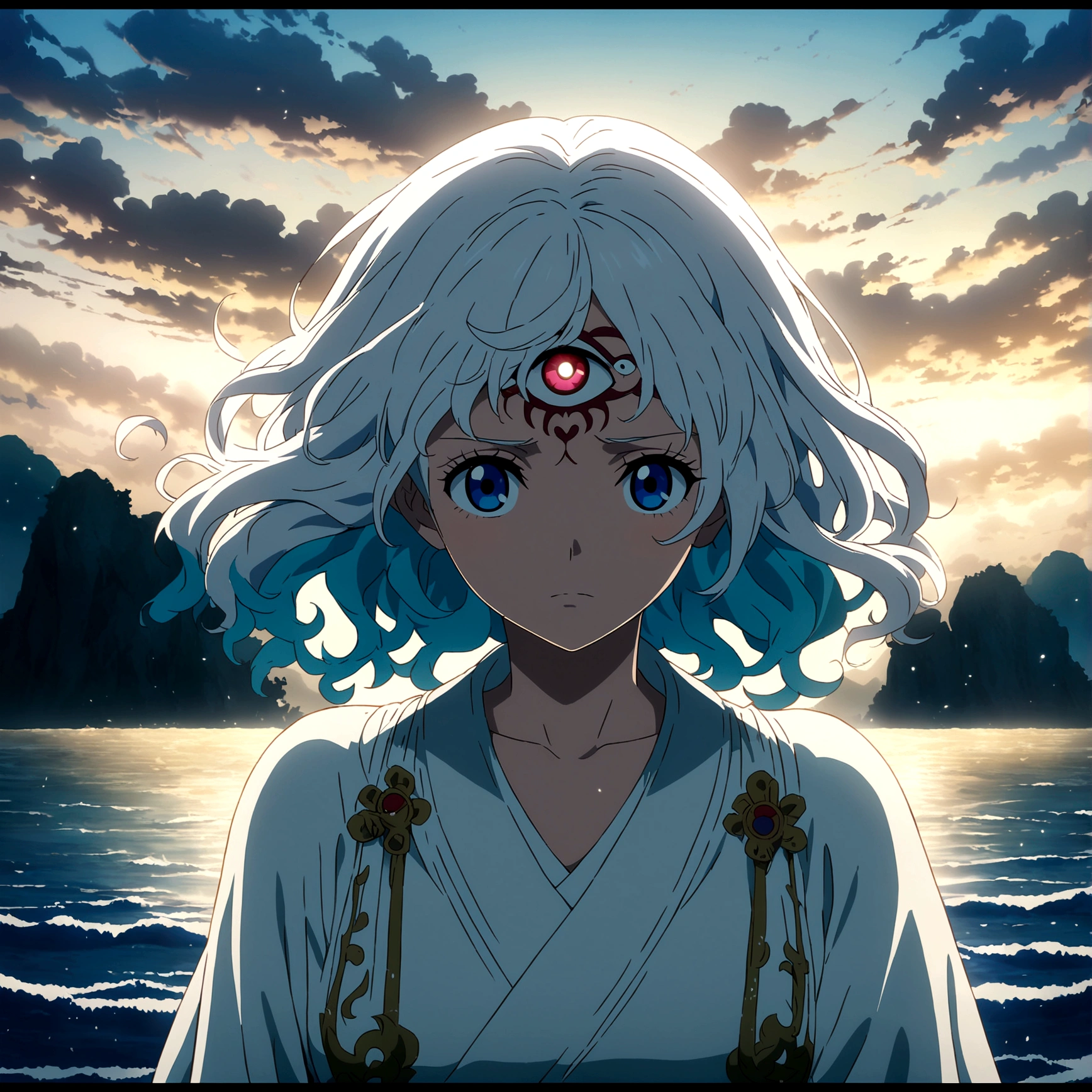Female, young adult, bright light blue eyes and third eye on forehead, long white hair, white Japanese dress from the classical era, cold and focused expression, focus on her face, sea scenery in the distance, "One Piece-inspired anime features, drenched in dramatic and incredible lighting, dramatic lighting, infused with creative details, ultra-fine 2D design, scenery bathed in creativity, bathed in creativity, boasting HD anime resolution clarity, HD anime graphics, high-octane rendering"