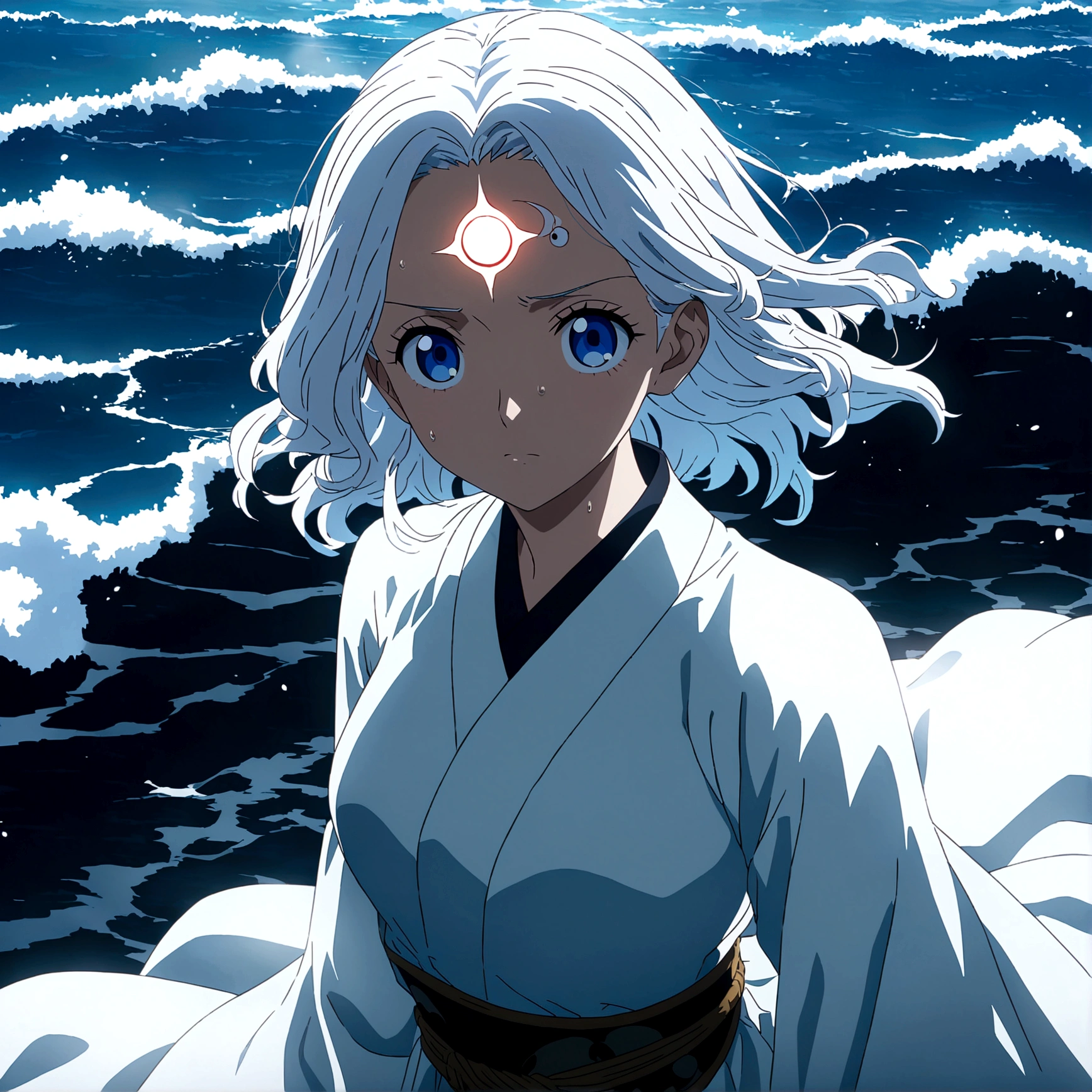 Female, young adult, bright light blue eyes and third eye on forehead, long white hair, white Japanese dress from the classical era, cold and focused expression, focus on her face, sea scenery in the distance, "One Piece-inspired anime features, drenched in dramatic and incredible lighting, dramatic lighting, infused with creative details, ultra-fine 2D design, scenery bathed in creativity, bathed in creativity, boasting HD anime resolution clarity, HD anime graphics, high-octane rendering"