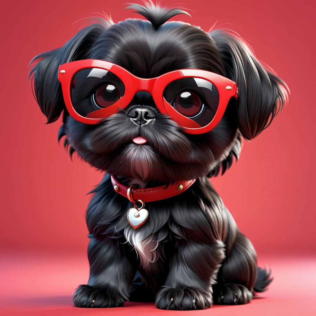 Adorable small black Shih Tzu puppy wearing red sunglasses 3d cartoon, 3d render, disney pixar style