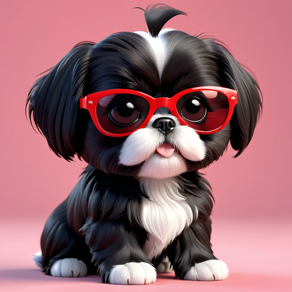 Adorable small black Shih Tzu puppy wearing red sunglasses 3d cartoon, 3d render, disney pixar style