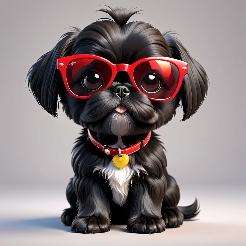 Adorable small black Shih Tzu puppy wearing red sunglasses 3d cartoon, 3d render, disney pixar style