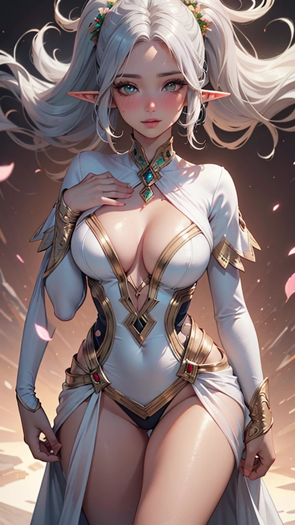 ((elf girl)), (flushed white skin) ,(((extra large hair))) ,Platinum hair, silver hair, leaf clothing, ((( wearing a long flowered dress)))
break,
work of art, best qualityer, Ultra-accurate representation, Ultra-detailed representation, offcial art, high resolution, 
break,
(Extremely beautiful face),(high-detailed face),beautiful detailed eyes, Detailed lashes,(shining skin), make up,(erotic blushing face),
break,
whole body, ((slim toned body)), Nice legs, corpo escultural
break,
(((beautiful hands, perfect hands))), 
break,
gazing at viewer,
break,
(dynamic background), (((clothing themed background))) sfw