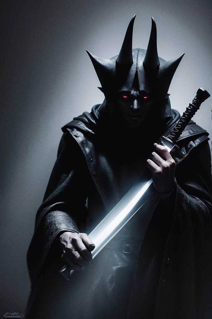 A dark demonic creature, black shadowy figure, holding a sword, dramatic lighting, dark fantasy, cinematic, chiaroscuro, Moody, dramatic, highly detailed, 8k, Photorealistic, In his hand he held a woman's head, sword pointing up, Incubus