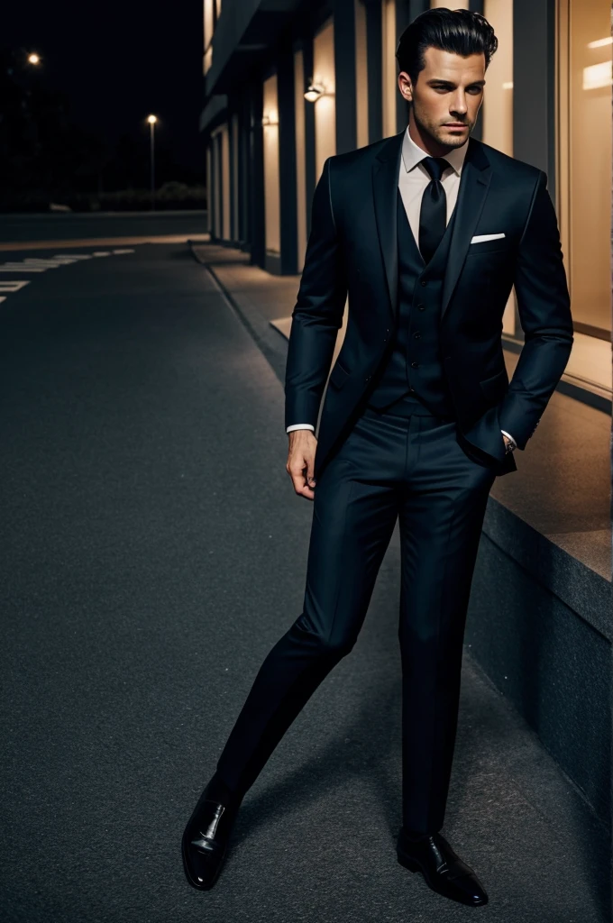 A midnight blue suit plus a black shirt and a black tie
