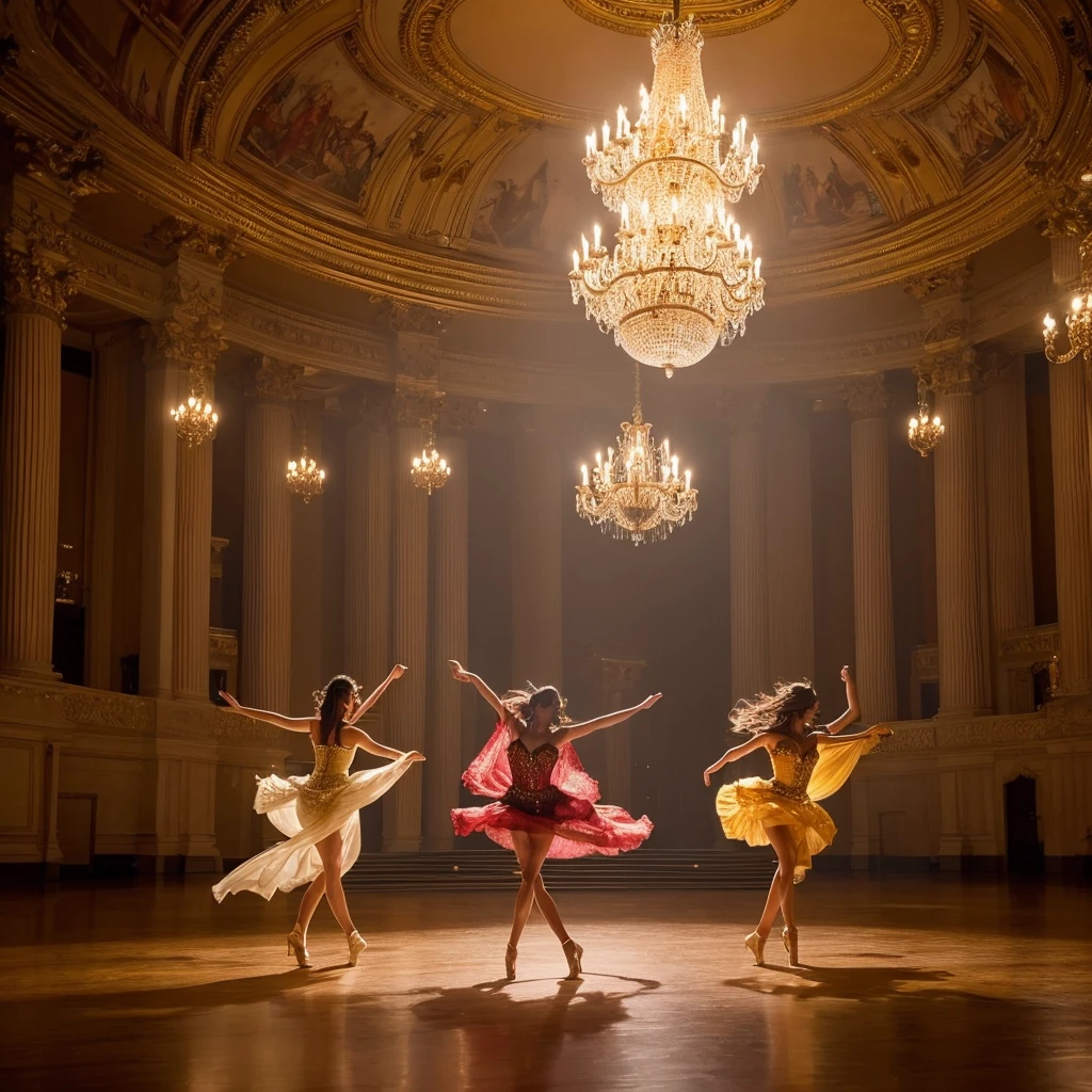 Three pretty, beautiful women perform an intensely synchronized dance in a large hall under a chandelier. The scene is grand and powerful, with dynamic shots capturing the energy and precision of their dance. Lighting includes flashing lights and dramatic color changes to enhance the dramatic effect.