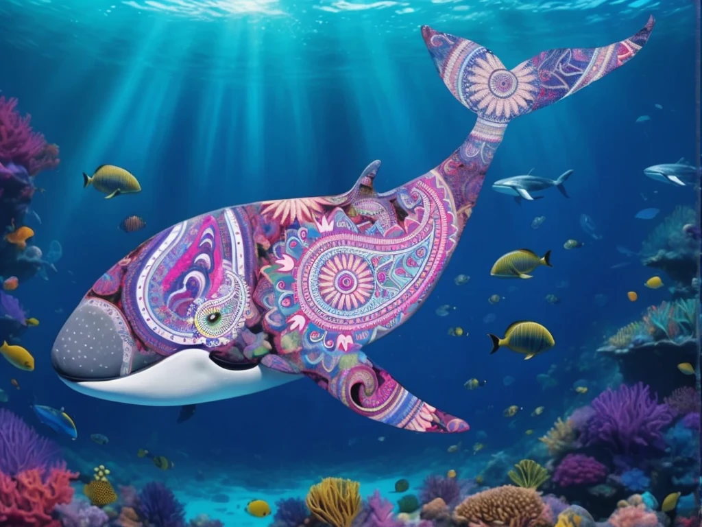 The image depicts a vivid underwater scene featuring a whale with a colorful, intricate paisley patterns painted on its side, surrounded by various fish species.