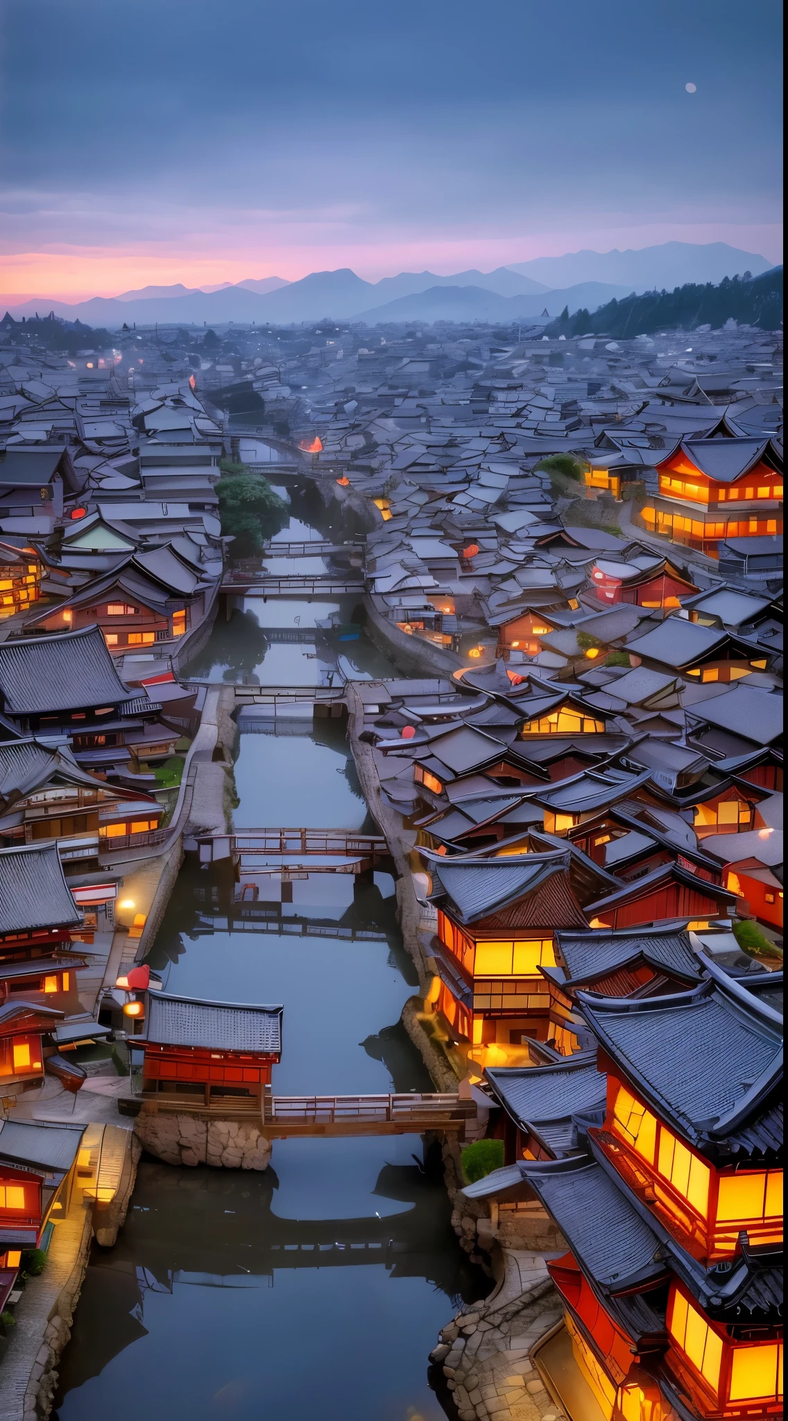 8K images,high quality,A view of the village with many lights on the buildings, A dreamlike Japanese city, Japanese Village, Awesome Wallpapers, Japanese Street, Japanese Village, 超リアルな町のphotograph, Old Asian Village, Japanese cities, Raymond Han, Rainy night, Cyberpunk Japanese Ancient Castle, beautifully照らされた建物, Sunset, beautifully、aesthetic, photograph, Cinematic, 8K, 