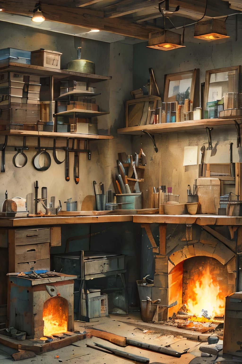 A blacksmith's forge: A bustling workspace filled with the rhythmic clanging of hammers and the glow of a fiery furnace. A blacksmith, clad in soot-stained leather apron, skillfully shapes and molds various metal goods. The air is thick with the scent of hot metal and oil, and an anvil and a variety of hammering tools are neatly arranged within reach. A bellows pump oxygen into the furnace to maintain its intense heat, while a rack filled with cooling metal pieces rests nearby. The blacksmith's place is a testament to craftsmanship and the enduring art of metalworking.
