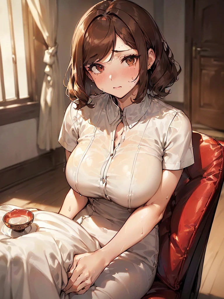 (((White short sleeve elegant blouse、Red long skirt))),(((Apartment room、Sitting in a chair、Anxious expression、Tea on the table:1.3)))Mid-length bob cut hair:1.9. Big breasts:1.6、(((1 Female:1.3))), (((Brown Hair:1.3. Wavy Hair:1.3. Bob Cut Hair:1.9 Round Eyes Beauty:1.3. Shapely breasts, brown eyes, side-swept bangs, red cheeks:1.3. Sweat:1.3)))、(((Top quality masterpiece high resolution perfect human body:1.3))),(((cute:1.3)))