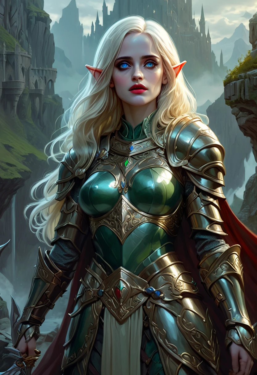 a fantasy elf woman, eva green, dungeons and dragons, highly detailed portrait, beautiful detailed eyes, beautiful detailed lips, extremely detailed face and skin, flawless skin, flowing hair, intricate armor, fantasy landscape background, muted color palette, dramatic lighting, cinematic composition, award winning digital art, artstation, 8k, dungeons and dragons artwork painted, blonde hair,