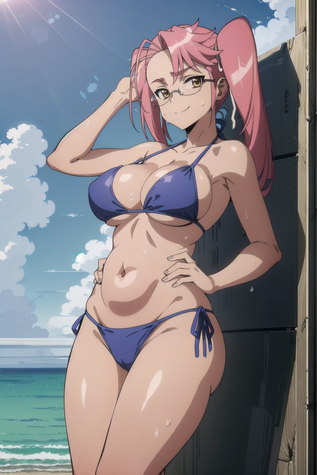 (((pixel-perfect, detail-perfect))), solo, 1girl,saya takagi, glasses,smile,looking at the viewer, blue theme, blue background, cloudy sky, sunlight, sweat, orgasmic, bikini swimsuit, large breasts, cleavage, belly button exposed, collarbone, thighs, sea and beach,