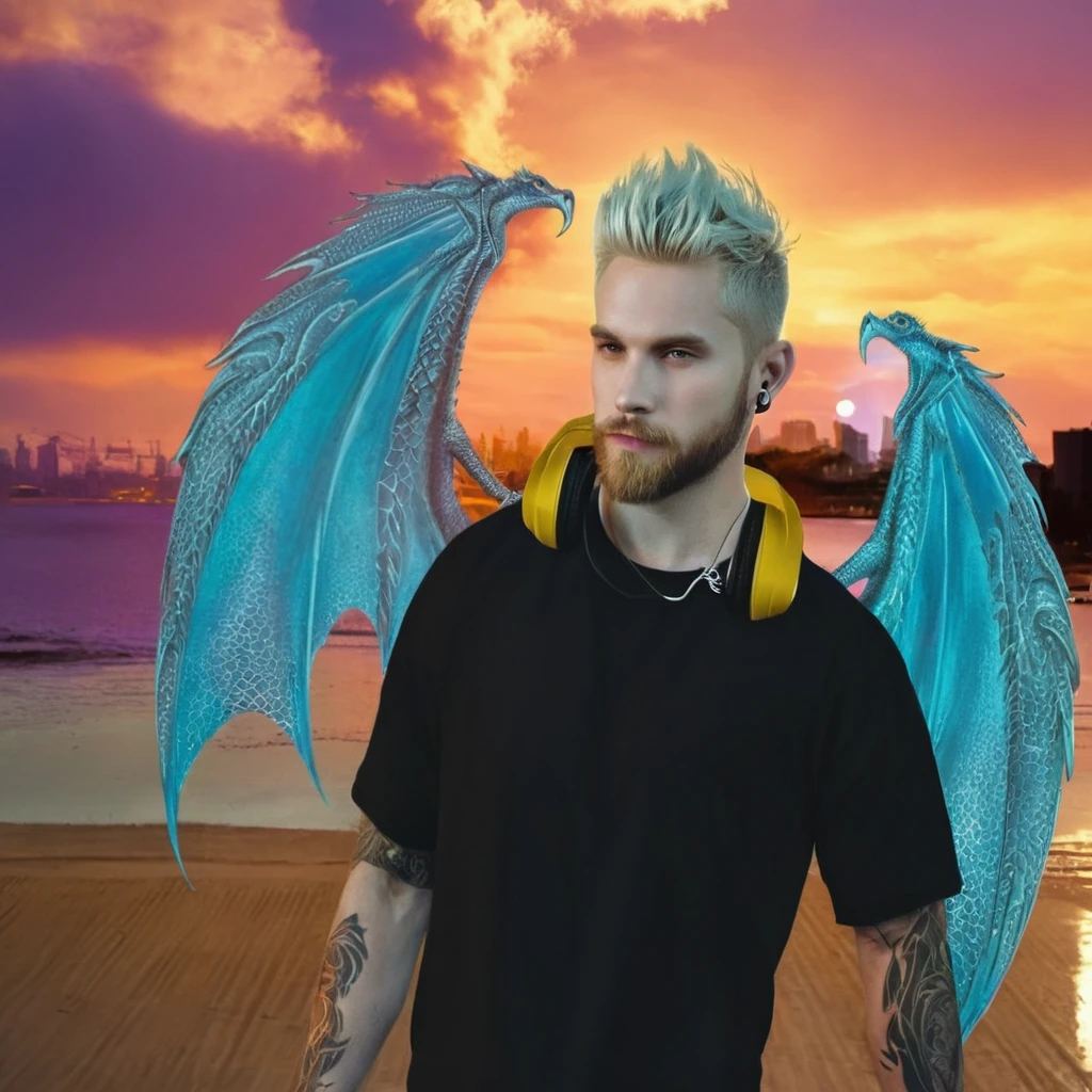 A man with short blond hair, strong man with beard, with silver dragon wings, headphone tattoo on arm and black shirt.