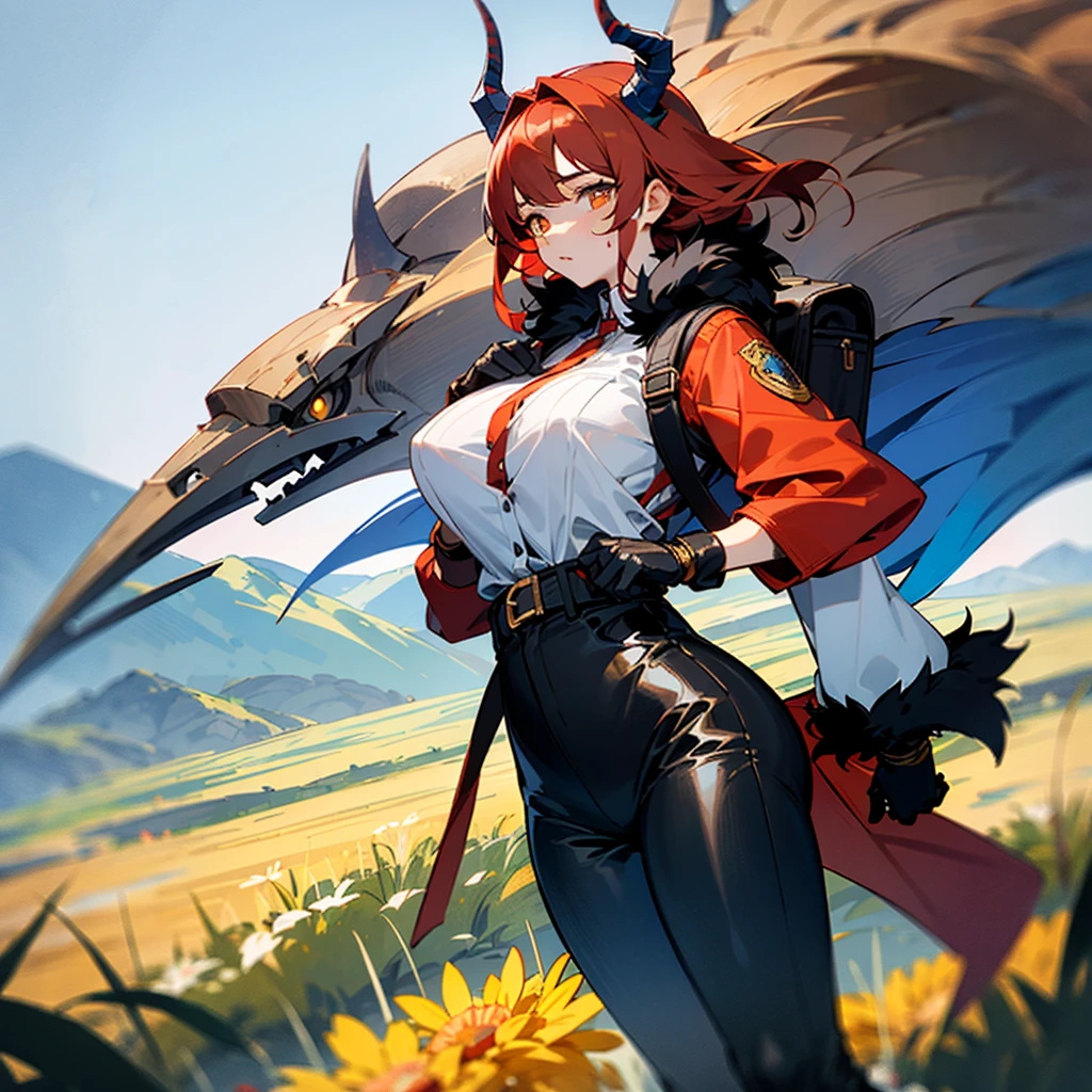 One young Korean woman with golden eyes and lush red hair and large horns, wet bronze skin, huge chest, wearing a blue coat with black fur and rolled up sleeves, steel silver heavy armor, wide leather red belt with large gold yarn, leather black pants, leather gloves, a hiking backpack, stands in the middle of a meadow blooming with flowers against the backdrop of high mountains and forests, not two characters,