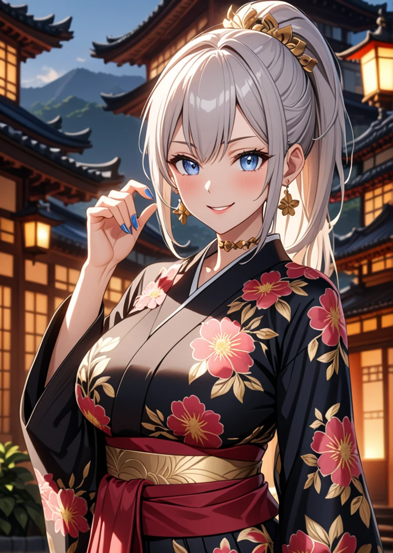 ((One personの女性)), Beautiful Face, (Laughing embarrassedly), ((smirk:1.2)), ((Wink:1.7)), (head tilt:1.3), upper teeth, looking at viewer, ((full-face brash:1.5)), ((Big Breasts:1.3)), night,Countryside landscape, Glossy Red Lips, (Shining Face), ((Black long sleeve kimono:1.8)), ((Anime style background)),masterpiece, Highest quality, so beautiful,up to date, Complex details, (Pink long nails), (nail art), (ring),(bracelet),(Floral choker), AI-generated, Complex,High resolution, Highest quality, super high quality,3D Images、3D Images,One person,Long white hair,High Ponytail, Anime woman posing for a photo, ((silver eyes:1.4)), ((Fine grain、blue eyes、Shining Eyes:1.3)), (Squint your eyes:1.1),a hyperRealistic , hyperRealistic , Realistic,Anime woman with long white hair, Smooth anime CG art, (A woman in a colorful kimono with gold embroidery),(Red floral pattern),Long flower hair ornament,Earrings,Mature Body,Abdominal muscles,Tight waist, ((Zoom in on face:2.0)), (front view:1.3),