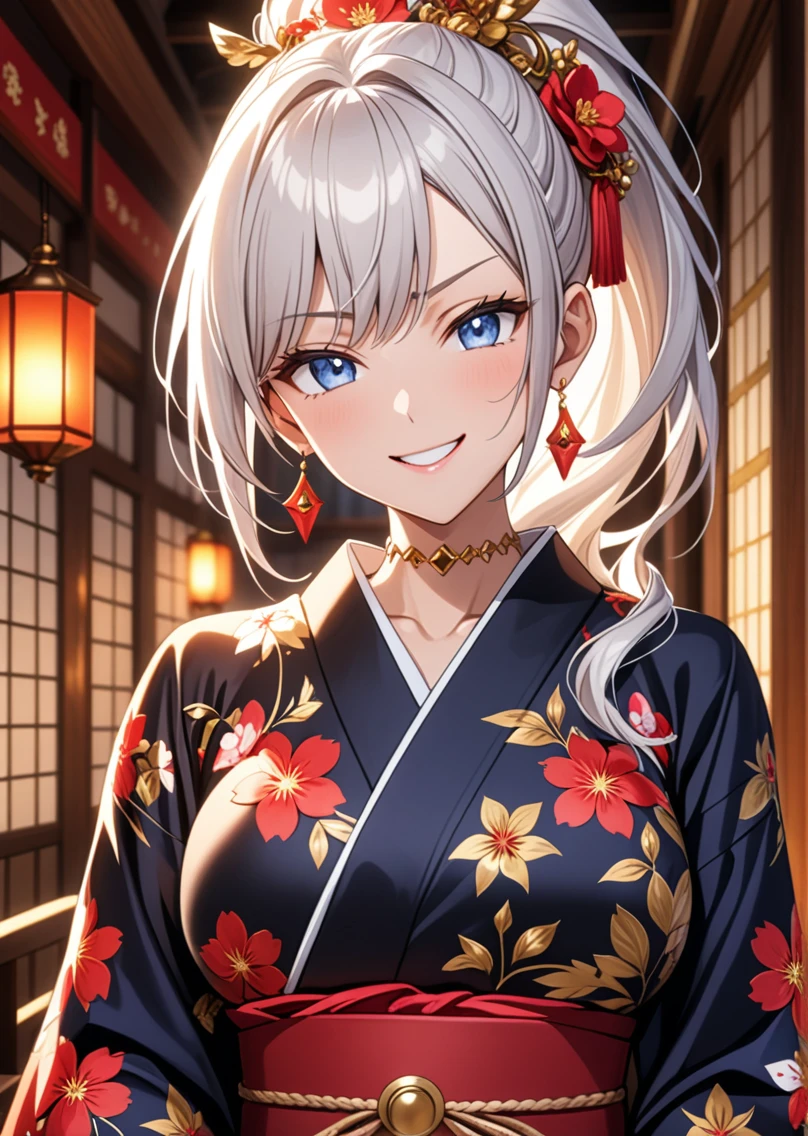 ((One personの女性)), Beautiful Face, (Laughing embarrassedly), ((smirk:1.2)), ((Wink:1.7)), (head tilt:1.3), upper teeth, looking at viewer, ((full-face brash:1.5)), ((Big Breasts:1.3)), night,Countryside landscape, Glossy Red Lips, (Shining Face), ((Black long sleeve kimono:1.8)), ((Anime style background)),masterpiece, Highest quality, so beautiful,up to date, Complex details, (Pink long nails), (nail art), (ring),(bracelet),(Floral choker), AI-generated, Complex,High resolution, Highest quality, super high quality,3D Images、3D Images,One person,Long white hair,High Ponytail, Anime woman posing for a photo, ((silver eyes:1.4)), ((Fine grain、blue eyes、Shining Eyes:1.3)), (Squint your eyes:1.1),a hyperRealistic , hyperRealistic , Realistic,Anime woman with long white hair, Smooth anime CG art, (A woman in a colorful kimono with gold embroidery),(Red floral pattern),Long flower hair ornament,Earrings,Mature Body,Abdominal muscles,Tight waist, ((Zoom in on face:2.0)), (front view:1.3),