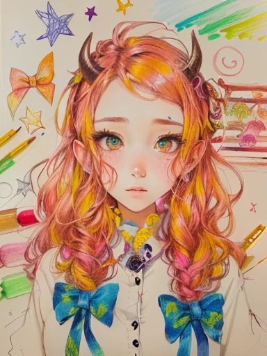 drawing of a girl with horns and a bow with a star in the background, colorful sketch, colored drawing, colorful drawing, drawn with crayons, color drawing, colourful drawing, inspired by Hikari Shimoda, crayon on paper, colored-pen drawing, colored ink drawing, demon girl, madeline from celeste, crayon drawing, ( ( colored pen ) ), melancholy pastel art