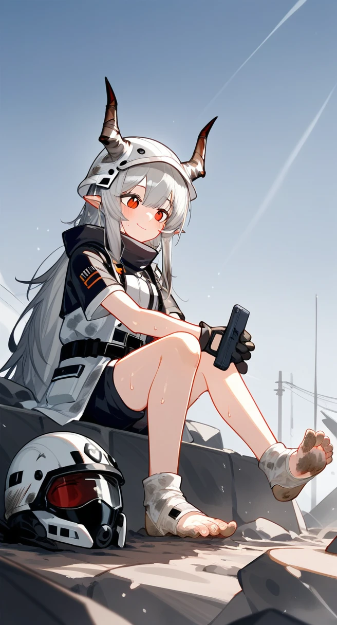 score_9,score_8_superior,score_7_superior,One girl,Mudstone (Arknights),dirty,feet,gloves,Helmet,horn,feet裏,Red eyes,裸feet,Pointed Ears,chest,alone,Long Hair,Gray Hair,black gloves,Toes,Helmet,feetのフォーカス,View your viewers,Sitting,Sweat,Part your lips,dirty feet,Holding,Outdoor,null,bangs,oripathy lesion (Arknights),Day,smile,blush,demon horn,infection monitor (Arknights),Shorthand,sun,