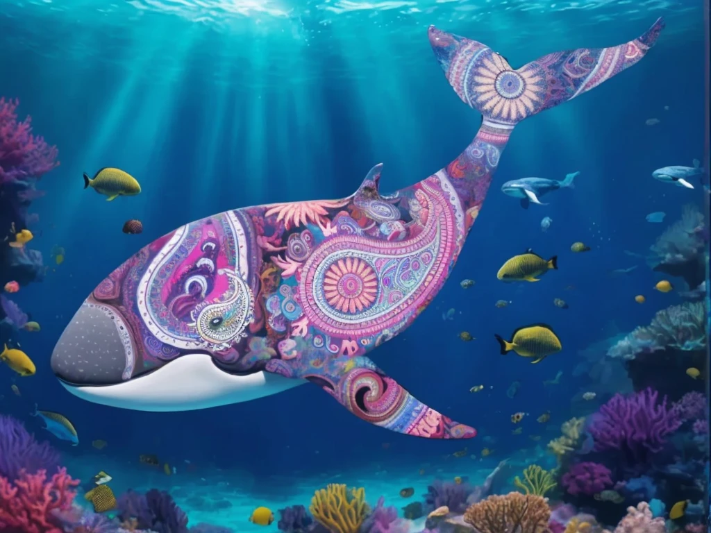 The image depicts a vivid underwater scene featuring a whale with a colorful, intricate paisley patterns painted on its side, surrounded by various fish species.