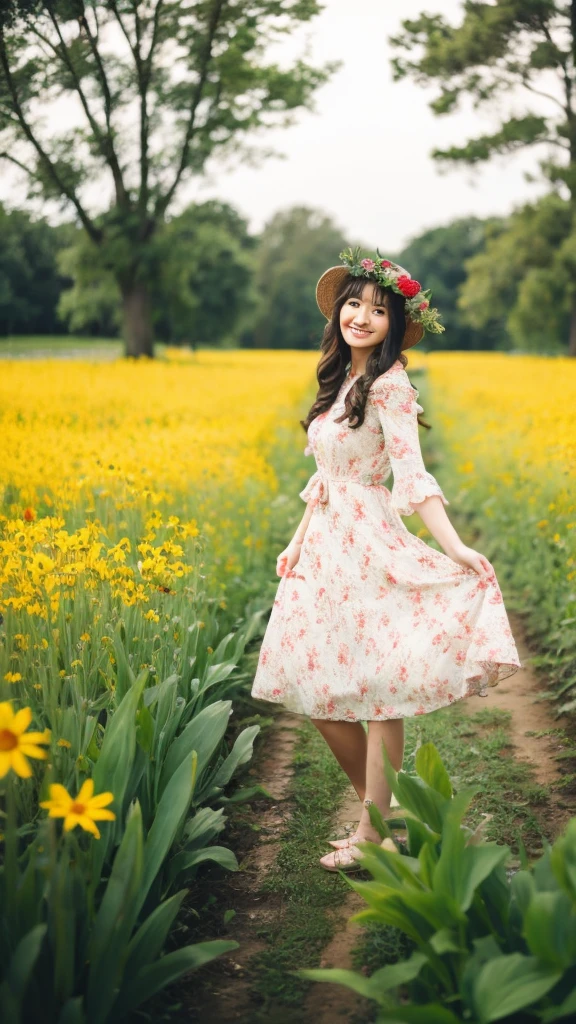 1girl, , in a red and white dress holding a bouquet, girl in flowers, standing in a flower field, portrait of girl in flower field, Girl walking in the woods, girl with a flower head