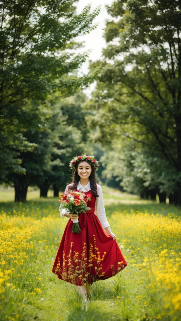 1girl, , in a red and white dress holding a bouquet, girl in flowers, standing in a flower field, portrait of girl in flower field, Girl walking in the woods, girl with a flower head