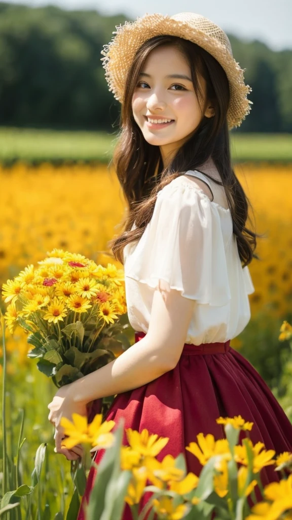 1girl, 15 years old, in a red and white dress holding a bouquet, girl in flowers, standing in a flower field, portrait of girl in flower field, Girl walking in the woods, girl with a flower head