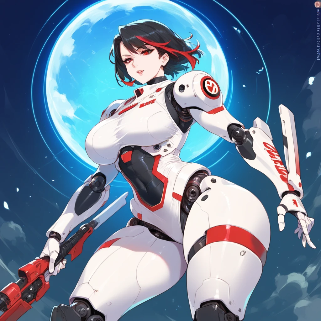 mixed_artwork style, 1 girl, standing alone, hands, Asian, Mech, robot, action , short black hair with red highlights, red eyes, Photography,