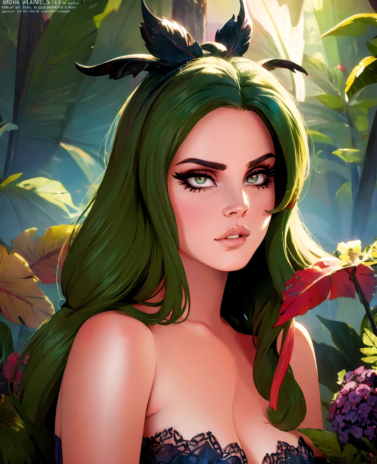 beautiful detailed eyes, beautiful detailed lips, extremely detailed eyes and face, long eyelashes, 1 woman, Lana del Rey, green hair, wearing glasses, sensual pose, mystical forest, moonlight, glowing ethereal lighting, fantasy, cinematic, Vogue magazine cover, dramatic colors, moody and atmospheric