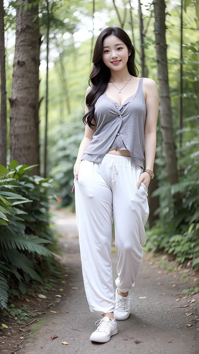 masterpiece, best quality, Surreal, Ultra Detailed, 8k resolution, RAW photos, Clear focus,Beautiful Korean woman, 36 inch chest size, Smile, Wearing a patterned vest, necklace,Long sweatpants,Full body posture, White shoes,Solitary, Perfect body, Become a,(a charming smile:1), (sexy pose),(A girl in the forest),